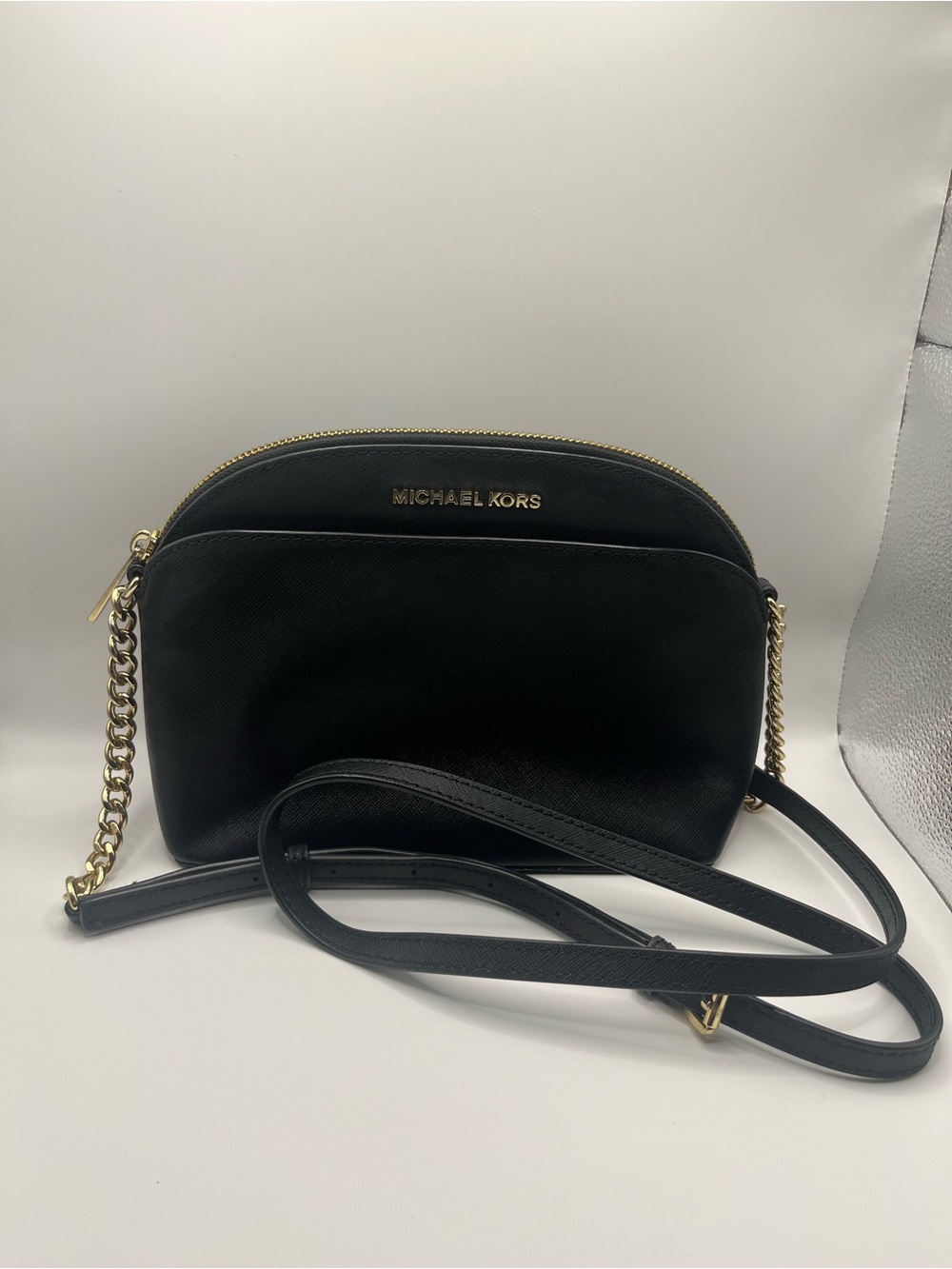 Michael Kors Black Saffiano Crossbody with Gold Chain Trim
